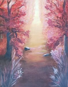 Acrylic painting of a creek in autumn.