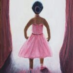 A painting of a young ballerina waiting to walk out on stage.