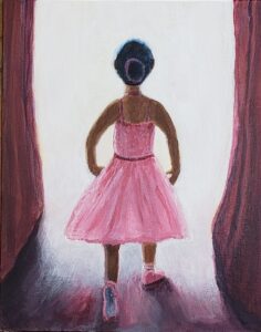 A painting of a young ballerina waiting to walk out on stage.