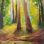 Acrylic painting of a sunlit forest