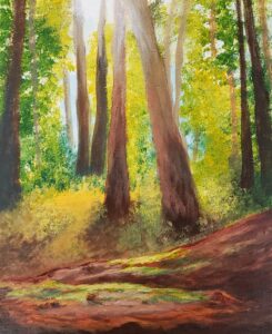 Acrylic painting of a sunlit forest