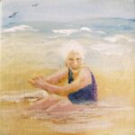 A painting of an elderly woman sitting in the ocean