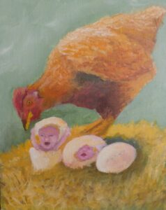 A chicken looks at the eggs hatching human babies.