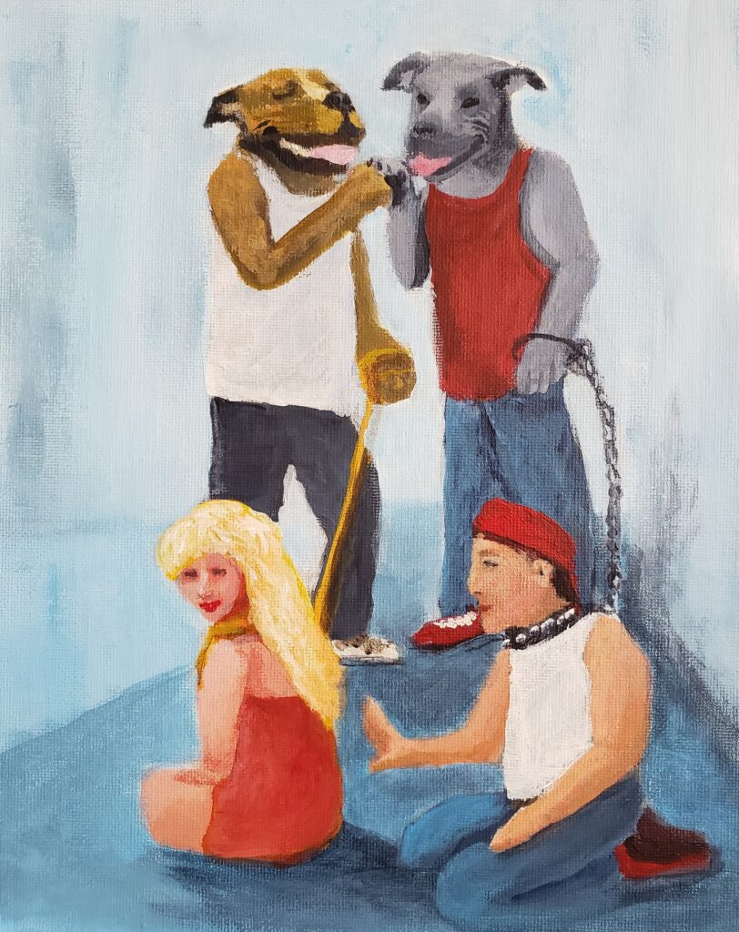 Acrylic painting of two dogs with their humans