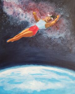 Acrylic painting of a gymnast twisting in space